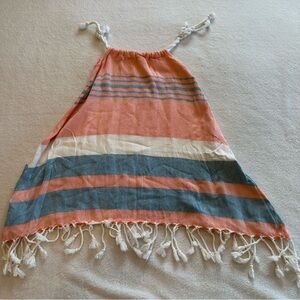 Striped Coral and Blue Fringe Beach Crop Top